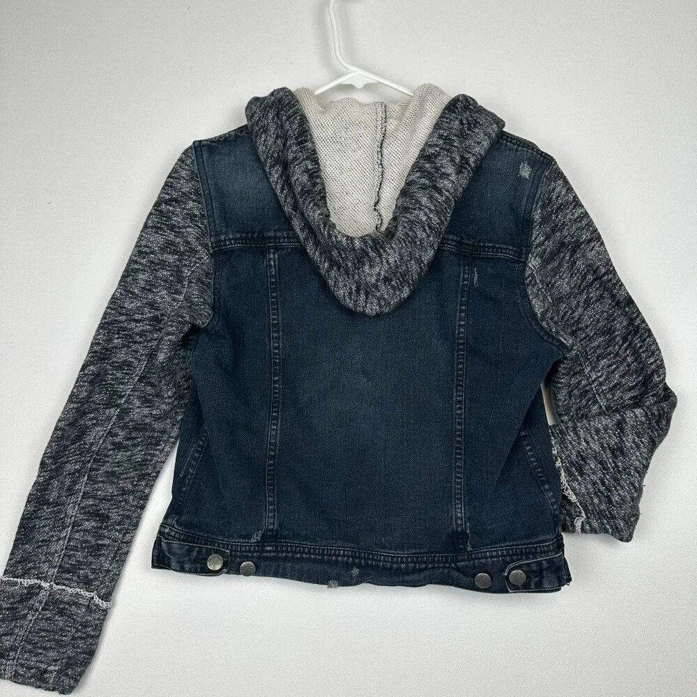 Free People Distressed Denim Jacket Knit Hood & Sleeves Dark Blue Wash - Picture 4 of 10